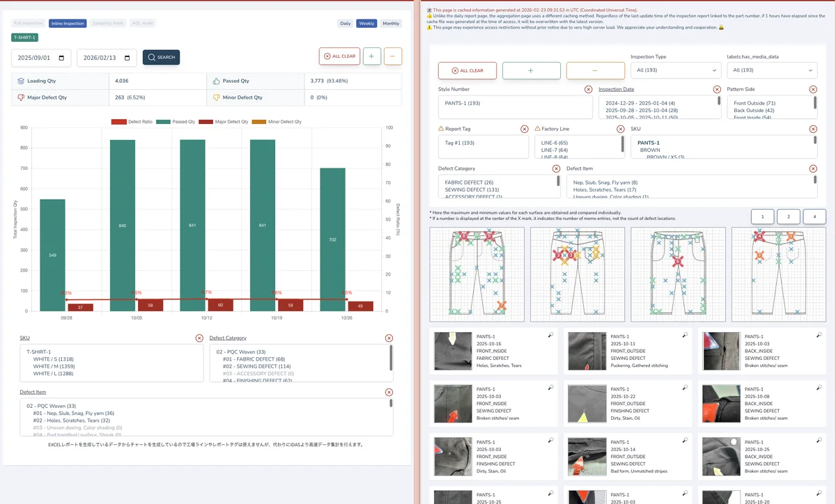 SQUID quality management platform showing defect inspection results with visual mapping and detailed reports